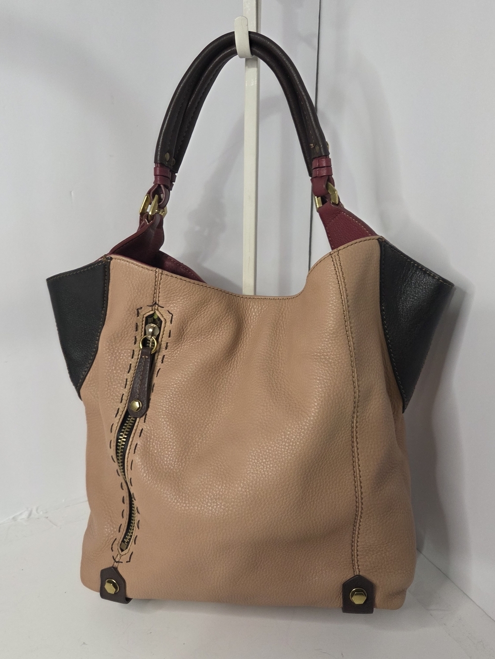 orYANY aquarius colorblock tan burgundy shoulder tote leather slouchy large euc